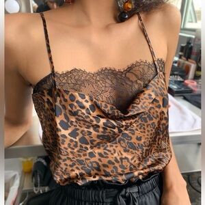 NWOT Silk Cami NYC The Romy Lace Trimmed Bodysuit Leopard Print Stretch Silk